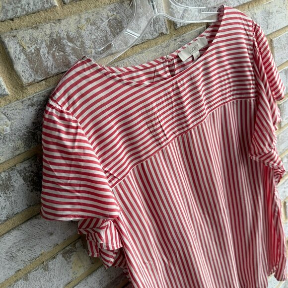LOFT White/Red Striped Ruffled Short Sleeve Round Neck Blouse Women's Size L. - Picture 5 of 7
